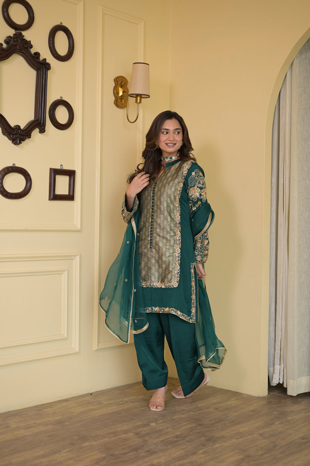 Royal Bottle Green Handcrafted Crepe & Brocade Suit Set
