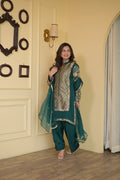 Royal Bottle Green Handcrafted Crepe & Brocade Suit Set