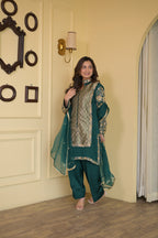 Royal Bottle Green Handcrafted Crepe & Brocade Suit Set