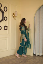 Royal Bottle Green Handcrafted Crepe & Brocade Suit Set