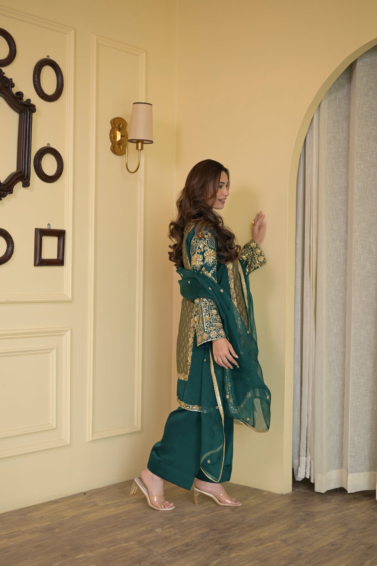 Royal Bottle Green Handcrafted Crepe & Brocade Suit Set