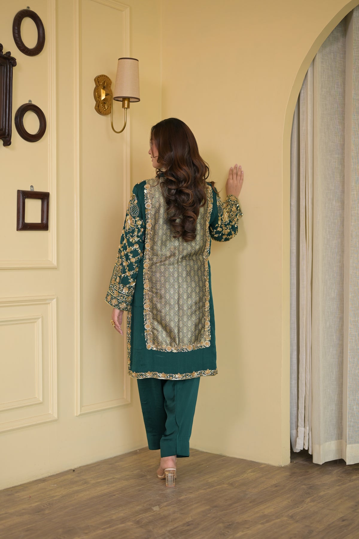 Royal Bottle Green Handcrafted Crepe & Brocade Suit Set