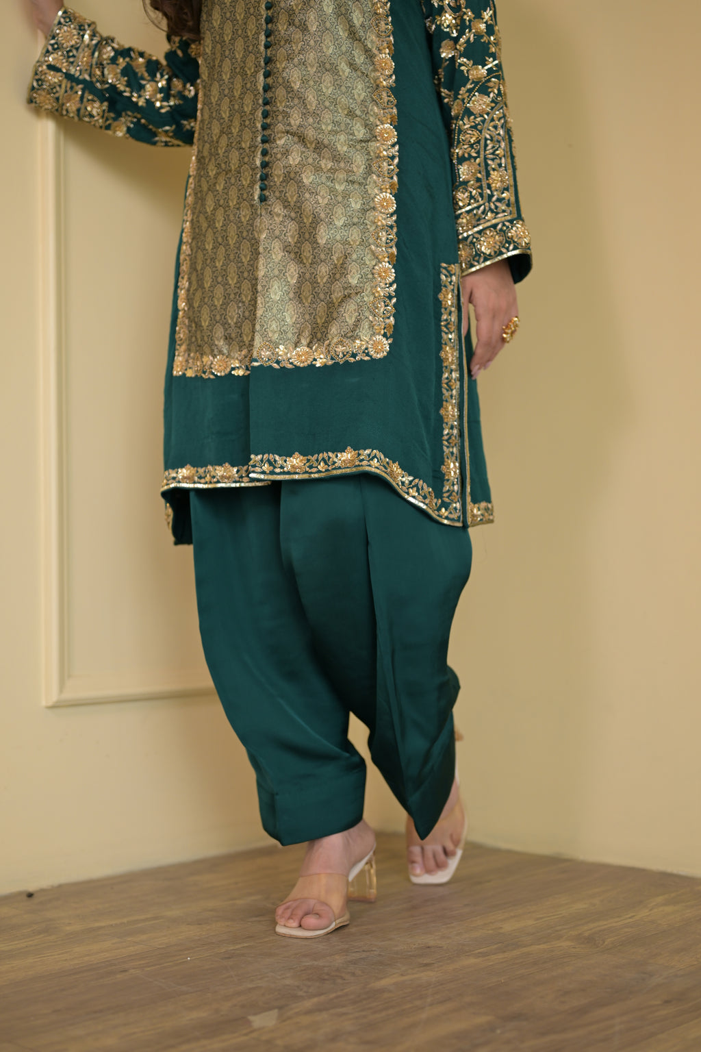 Royal Bottle Green Handcrafted Crepe & Brocade Suit Set