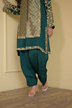 Royal Bottle Green Handcrafted Crepe & Brocade Suit Set