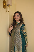 Royal Bottle Green Handcrafted Crepe & Brocade Suit Set