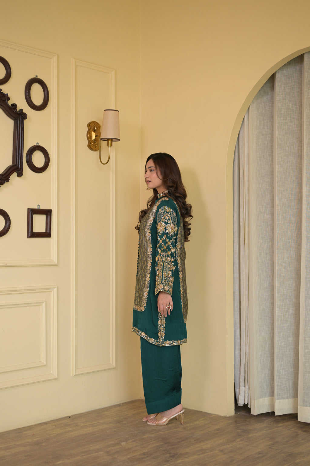 Royal Bottle Green Handcrafted Crepe & Brocade Suit Set