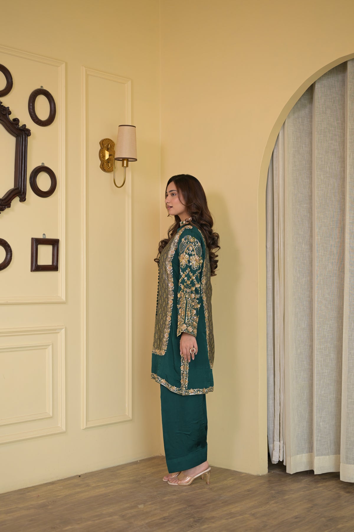 Royal Bottle Green Handcrafted Crepe & Brocade Suit Set