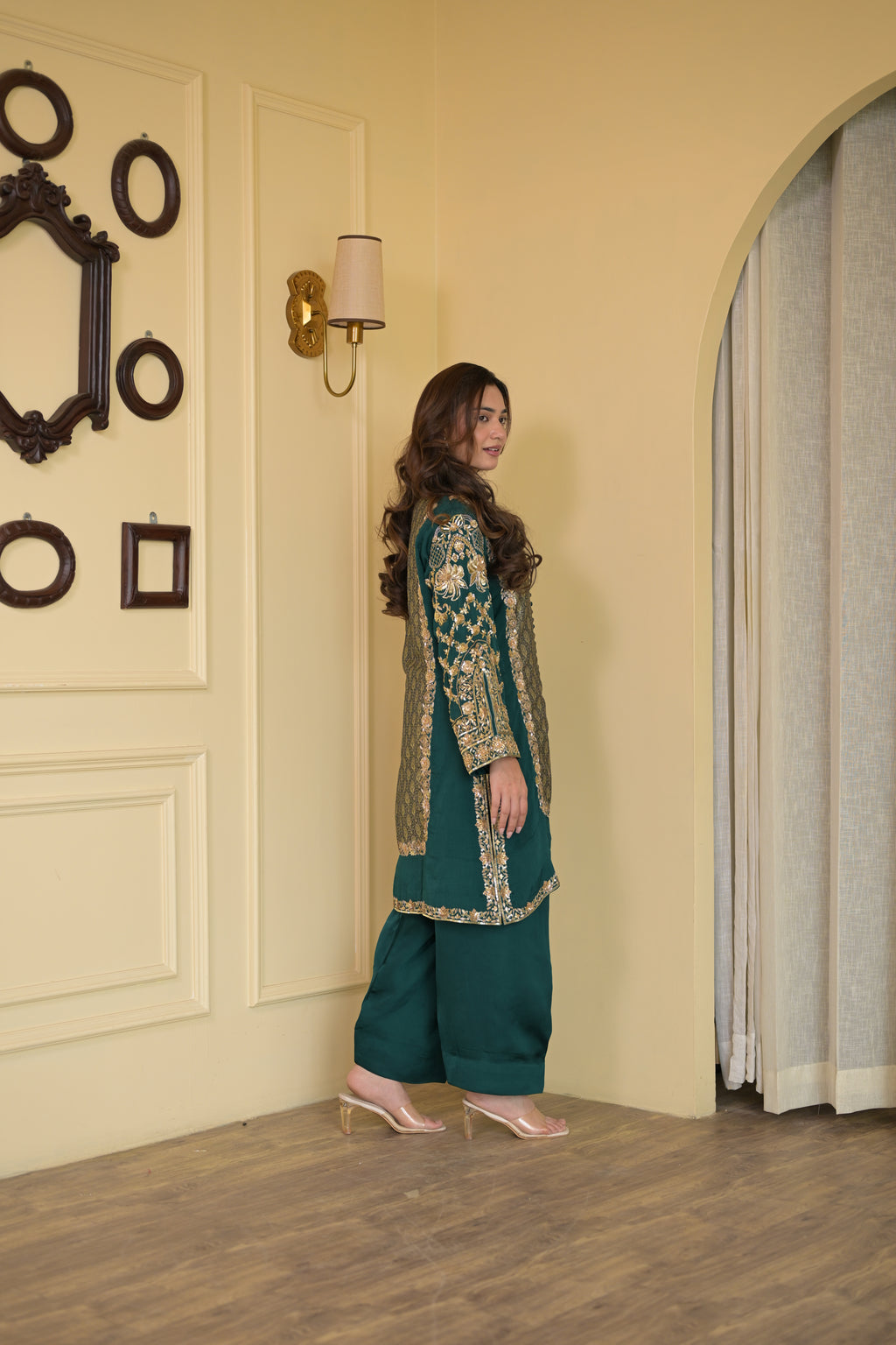Royal Bottle Green Handcrafted Crepe & Brocade Suit Set