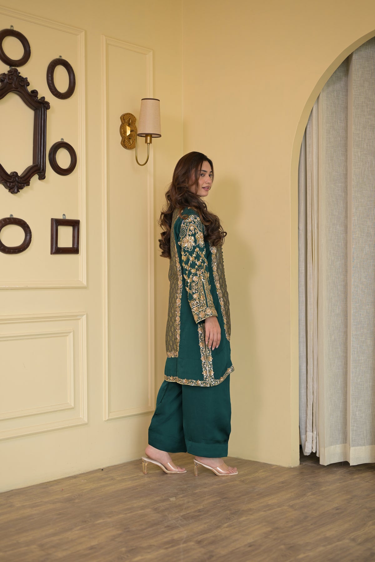 Royal Bottle Green Handcrafted Crepe & Brocade Suit Set