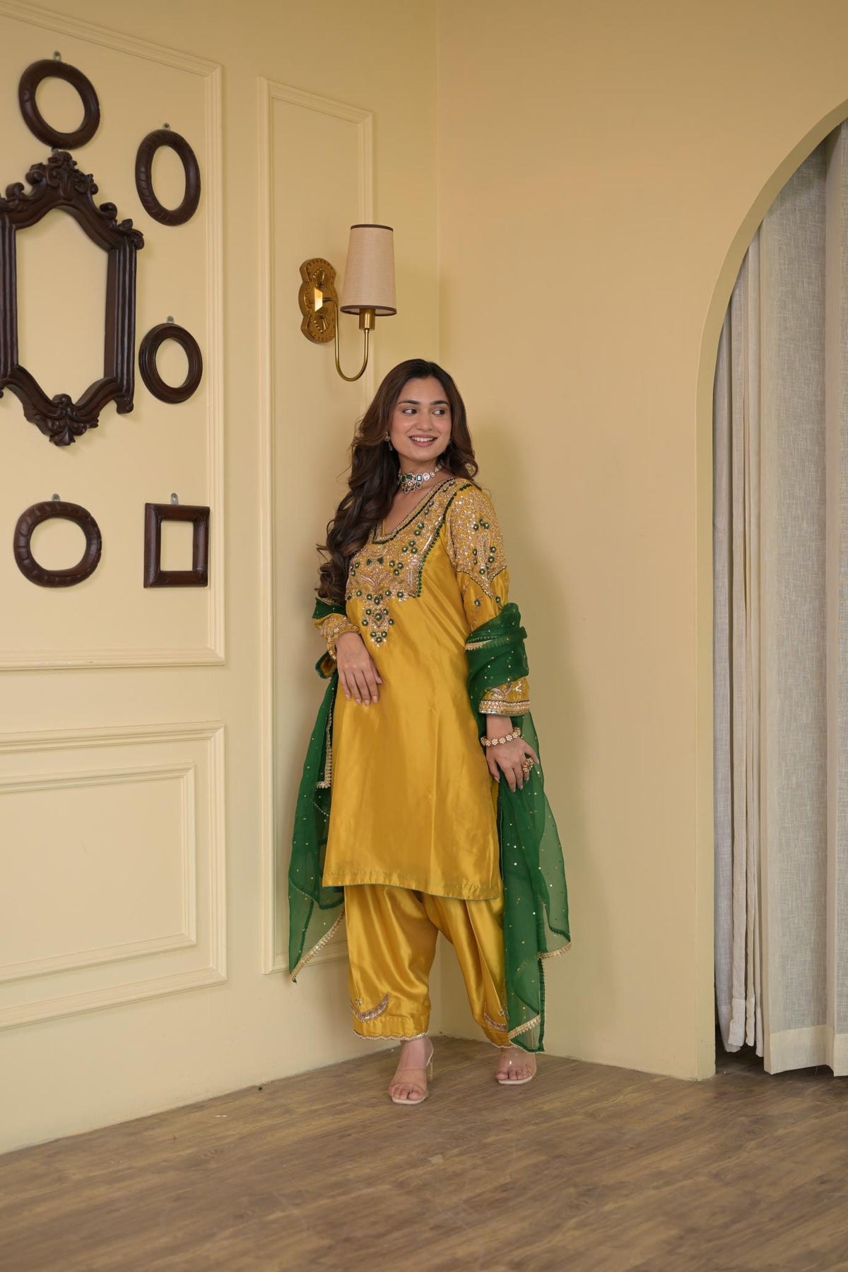 Golden Mustard Pure Silk Dabka Embroidered Suit