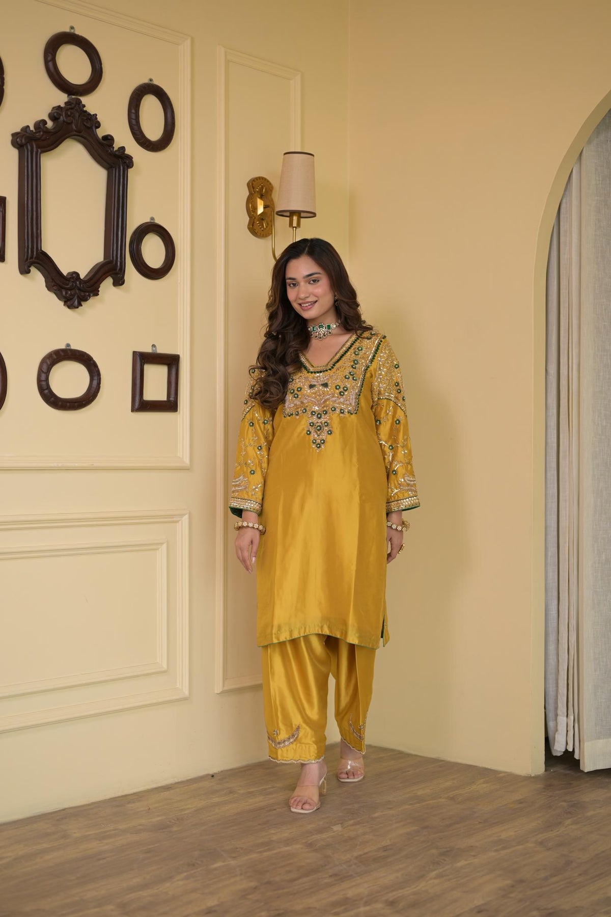 Golden Mustard Pure Silk Dabka Embroidered Suit