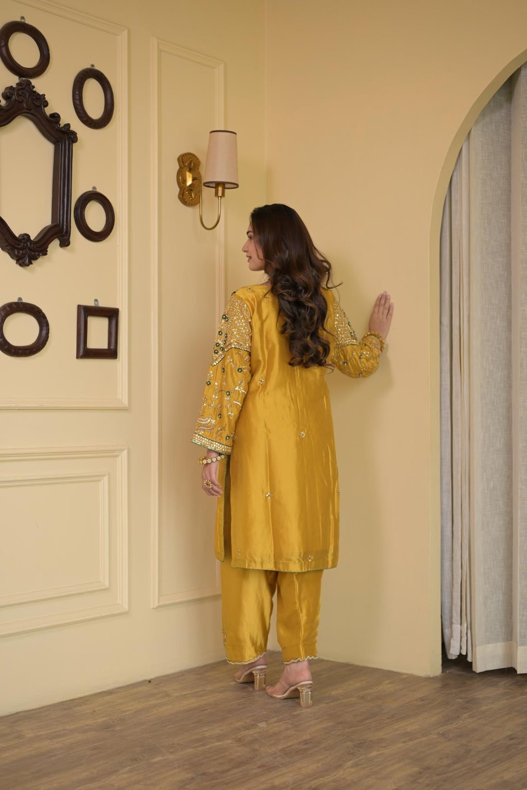 Golden Mustard Pure Silk Dabka Embroidered Suit