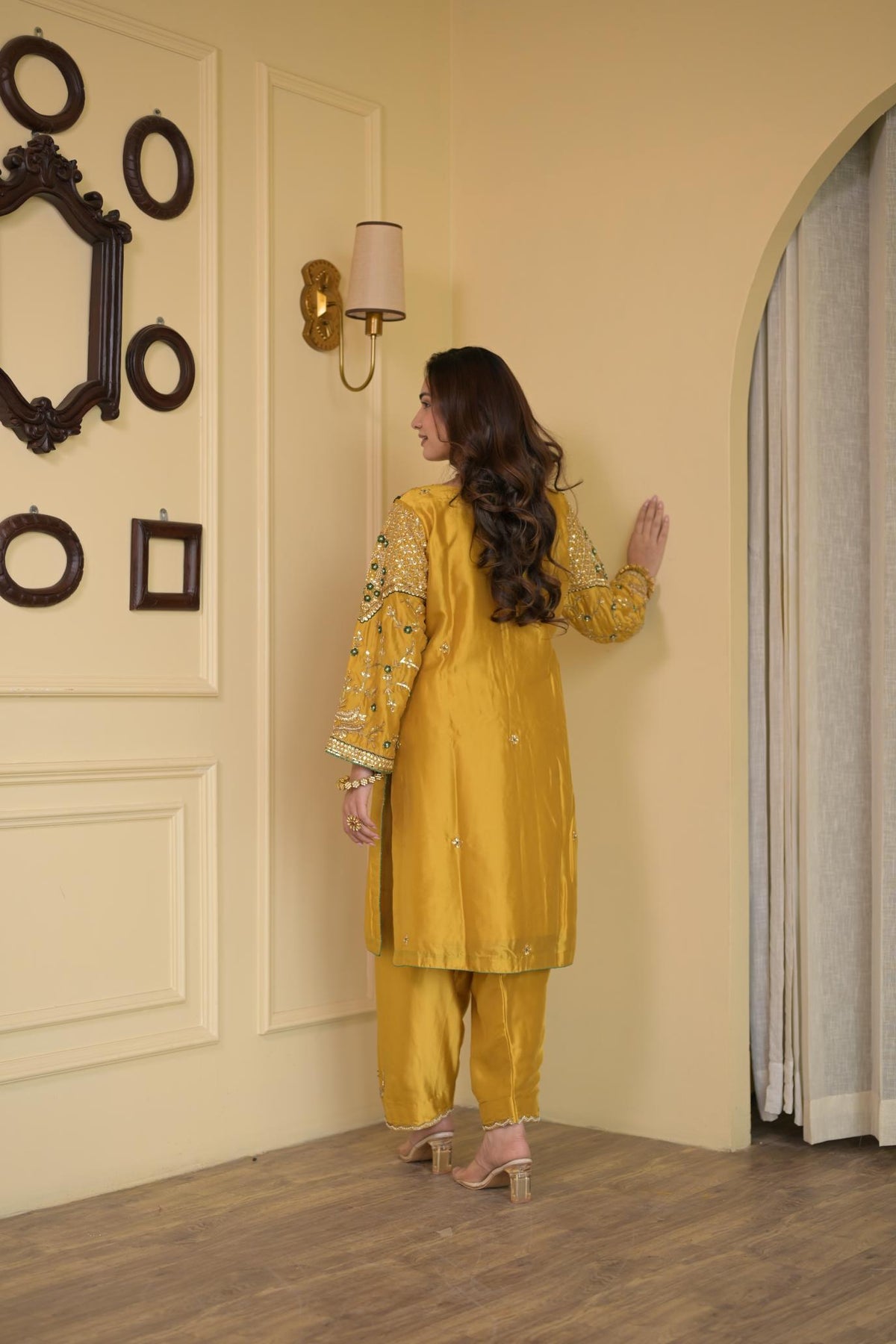 Golden Mustard Pure Silk Dabka Embroidered Suit