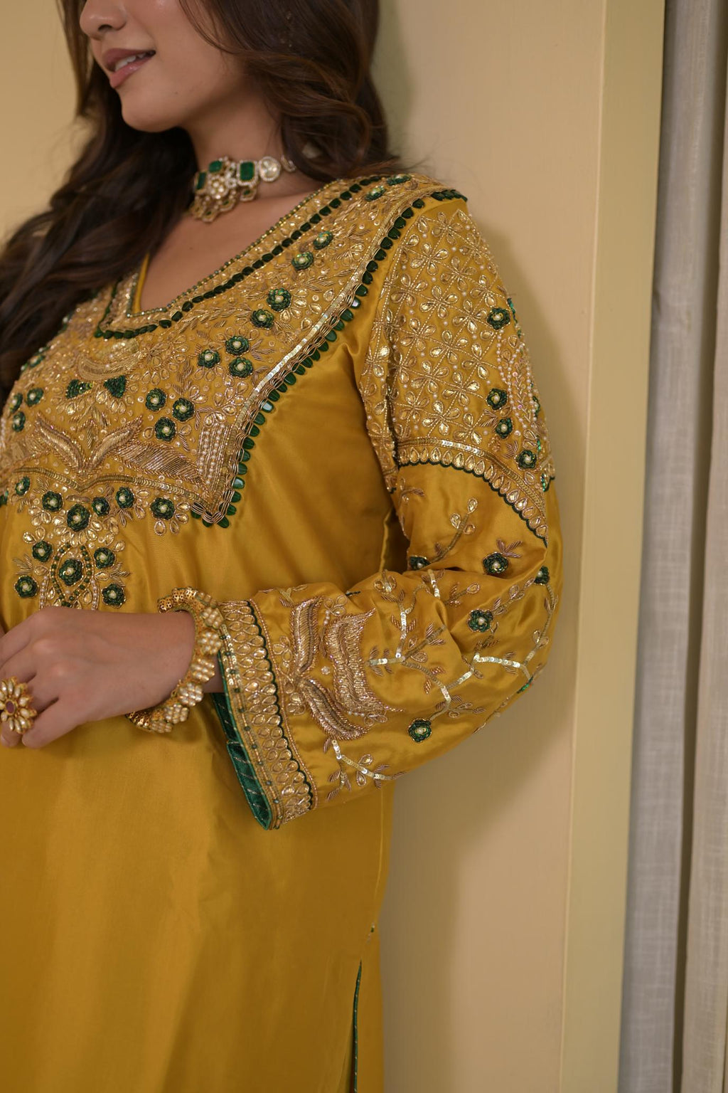 Golden Mustard Pure Silk Dabka Embroidered Suit