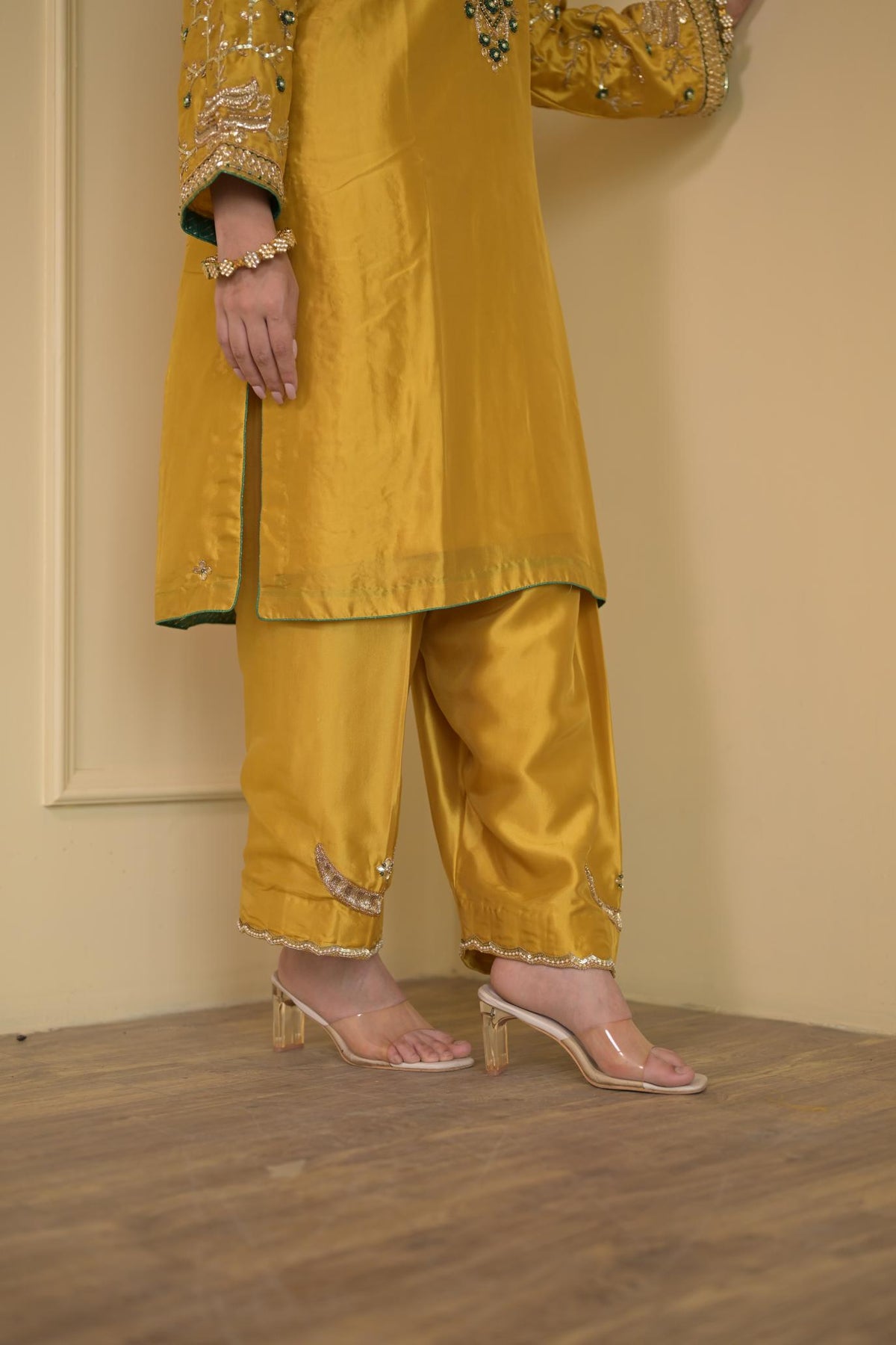 Golden Mustard Pure Silk Dabka Embroidered Suit