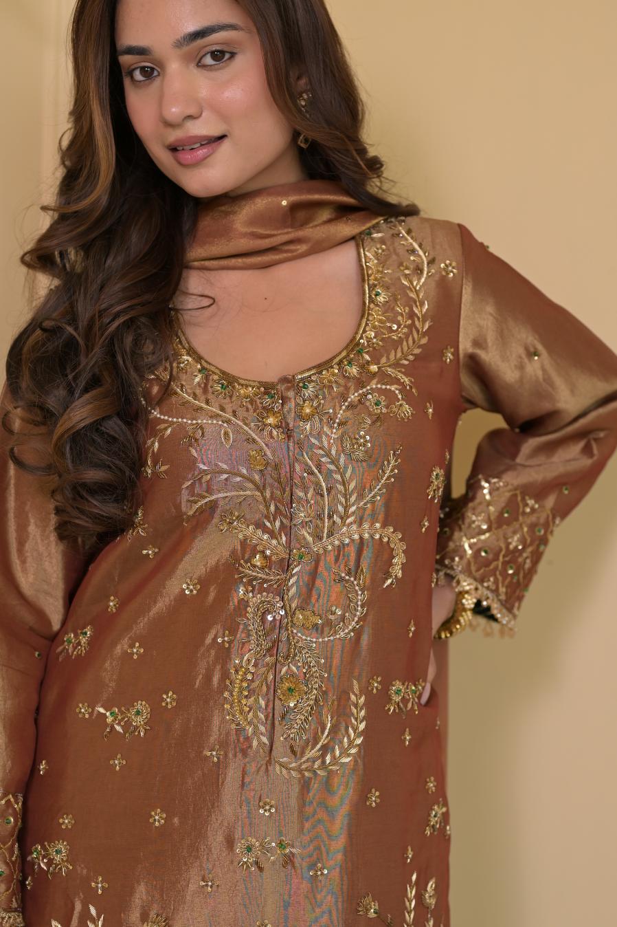 Blush Brown Silk Hand-Embroidered Suit