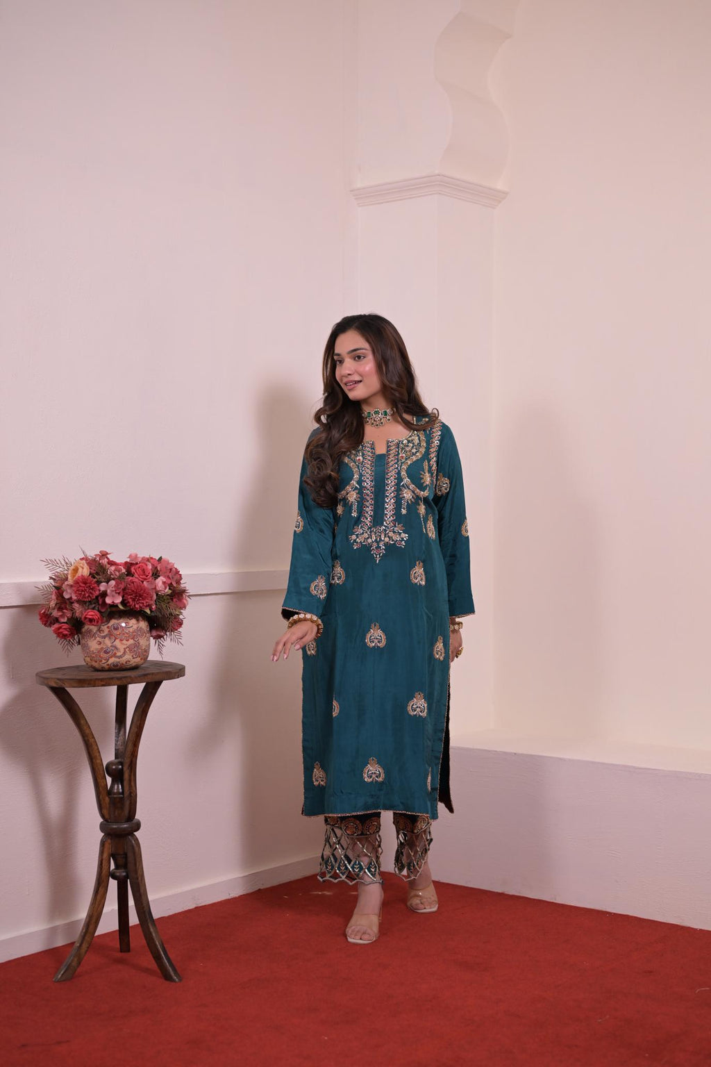 Royal Teal Pure Silk Hand-Embroidered Suit