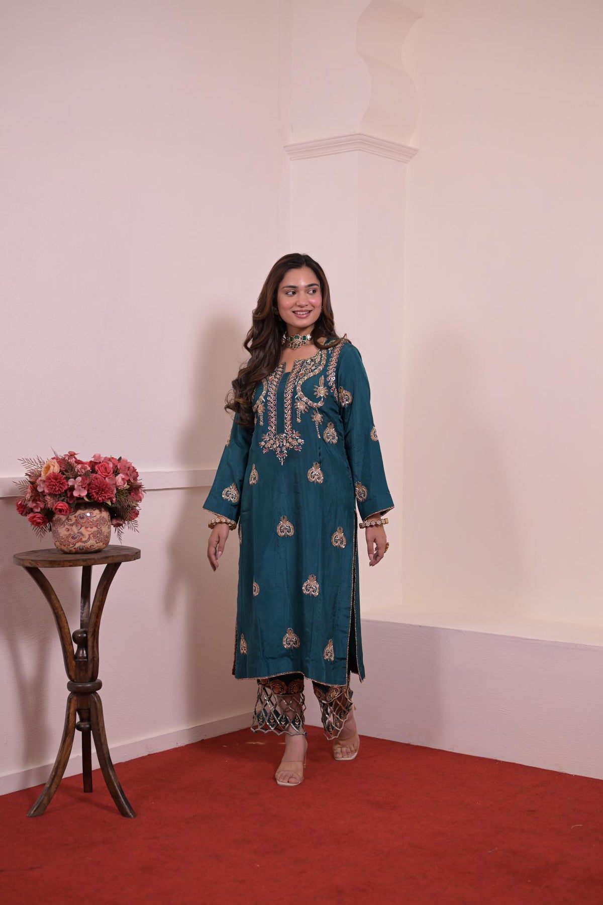 Royal Teal Pure Silk Hand-Embroidered Suit