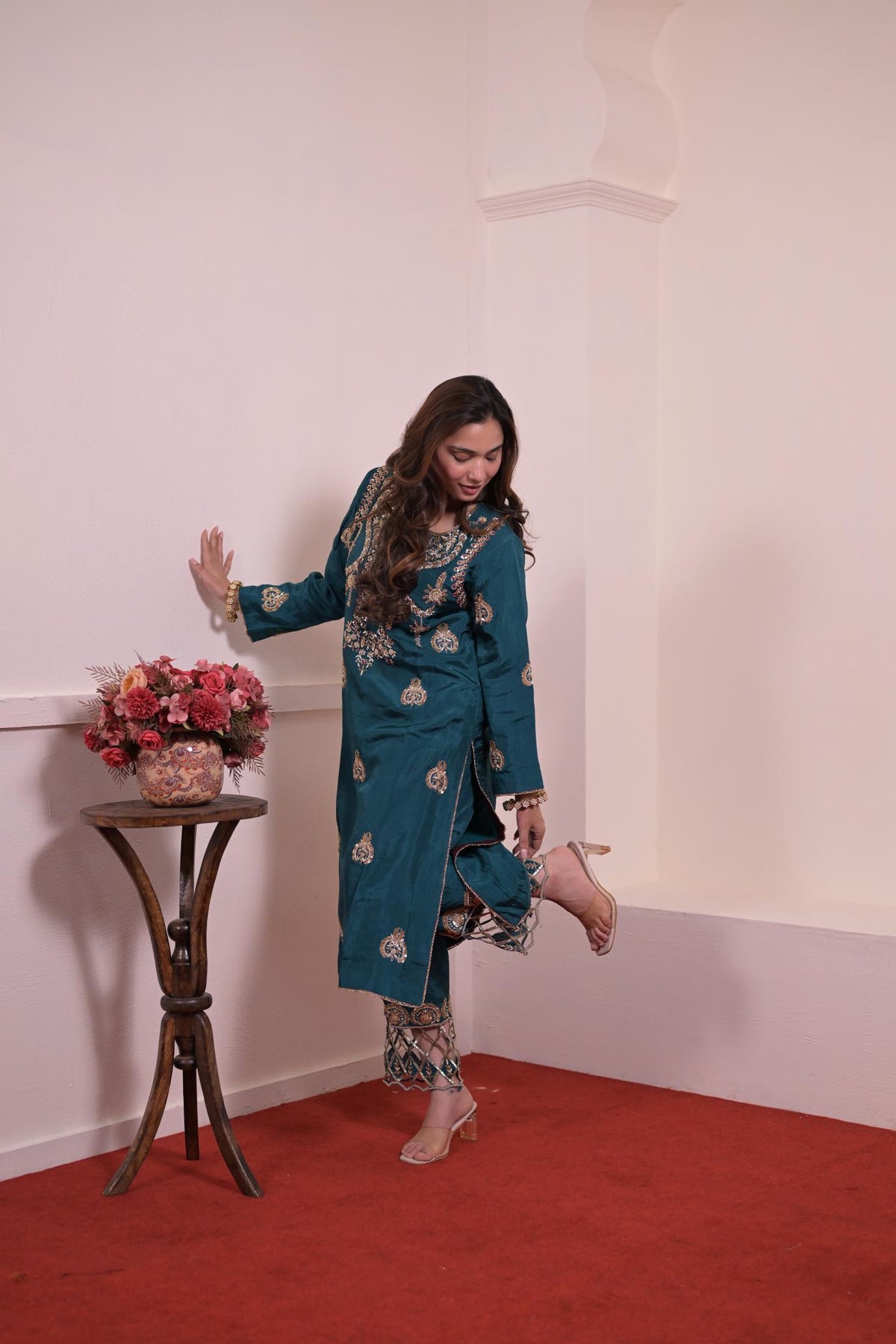 Royal Teal Pure Silk Hand-Embroidered Suit