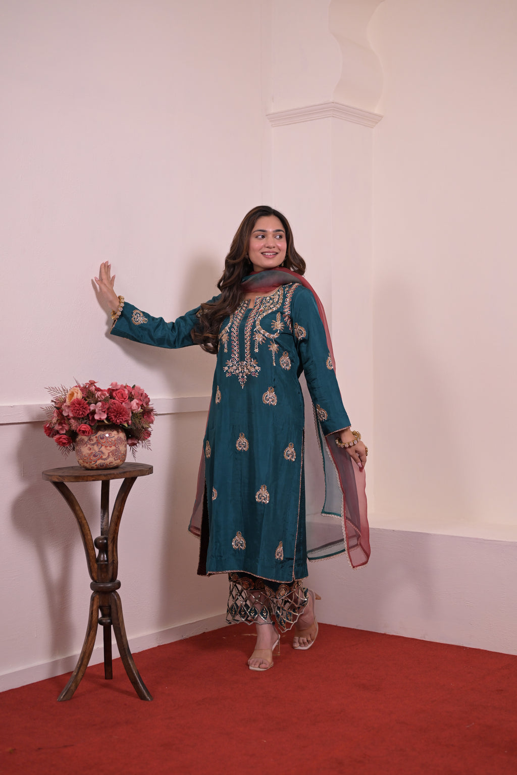 Royal Teal Pure Silk Hand-Embroidered Suit