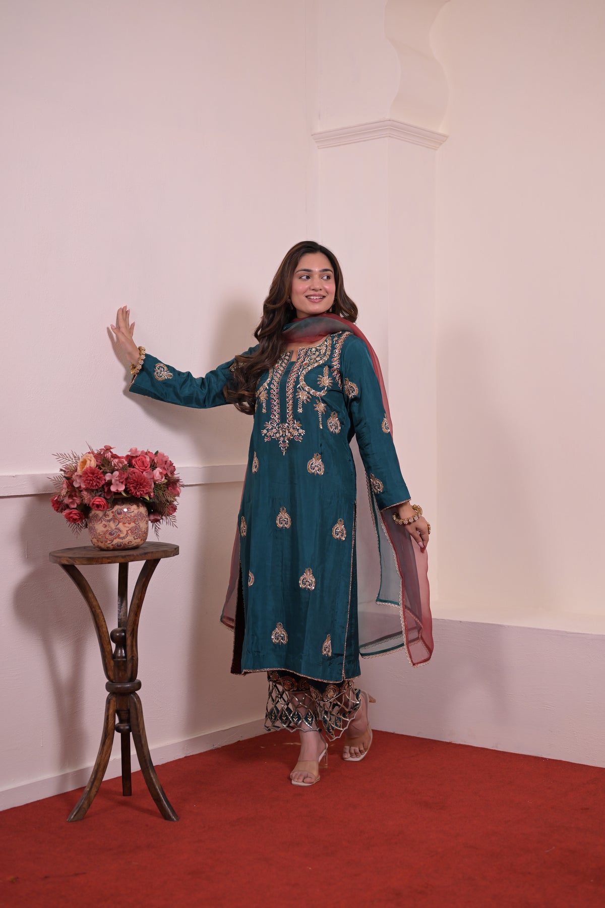 Royal Teal Pure Silk Hand-Embroidered Suit