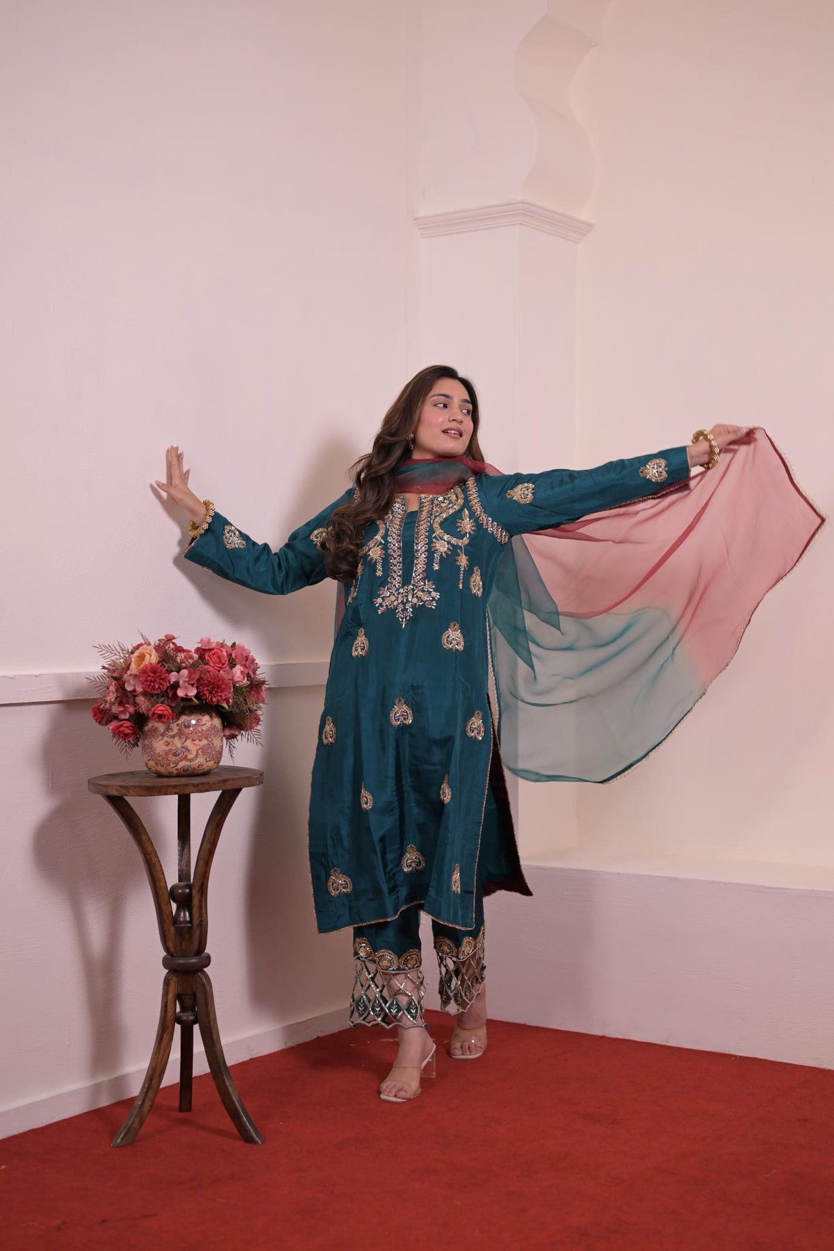 Royal Teal Pure Silk Hand-Embroidered Suit