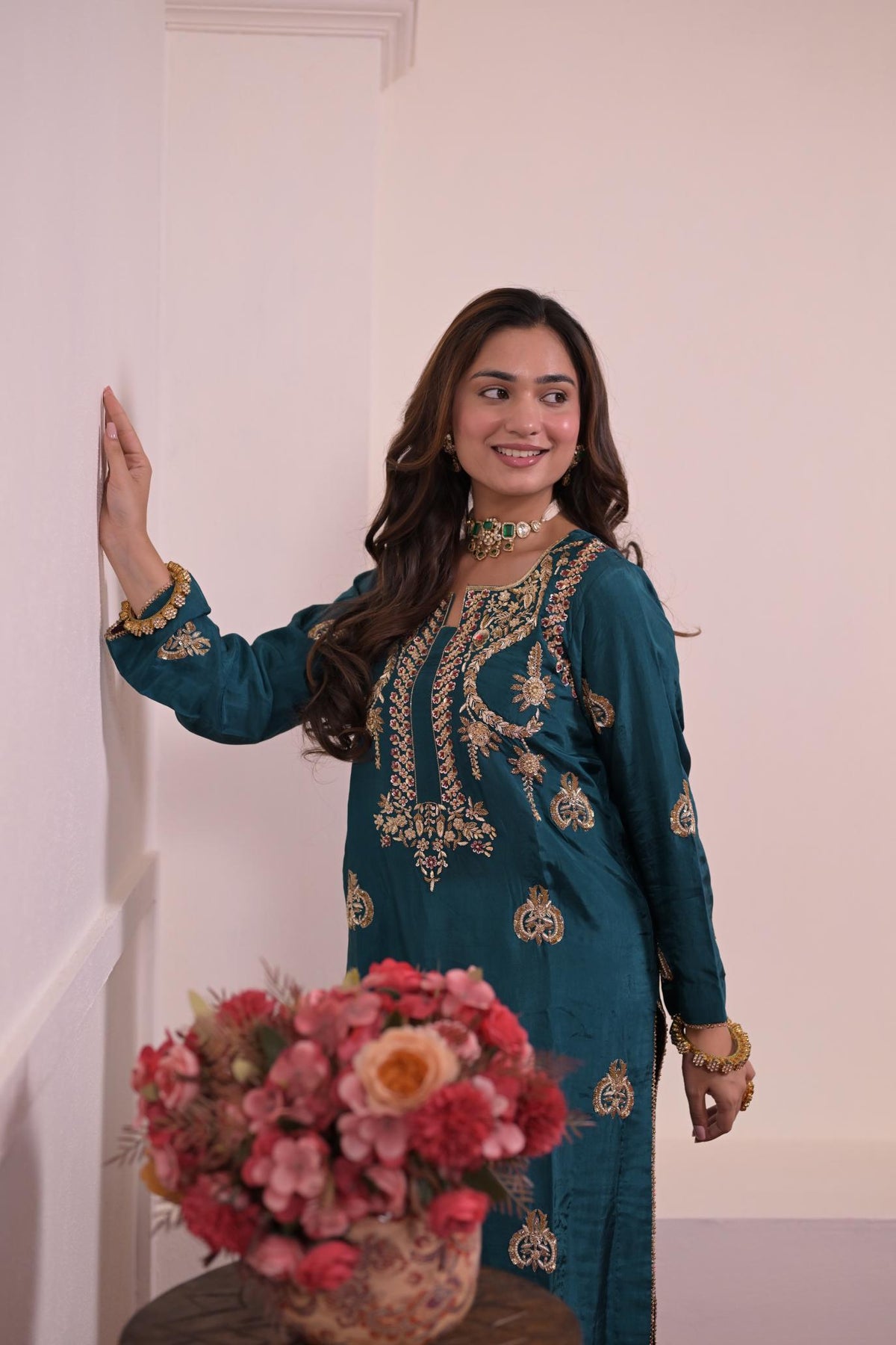 Royal Teal Pure Silk Hand-Embroidered Suit
