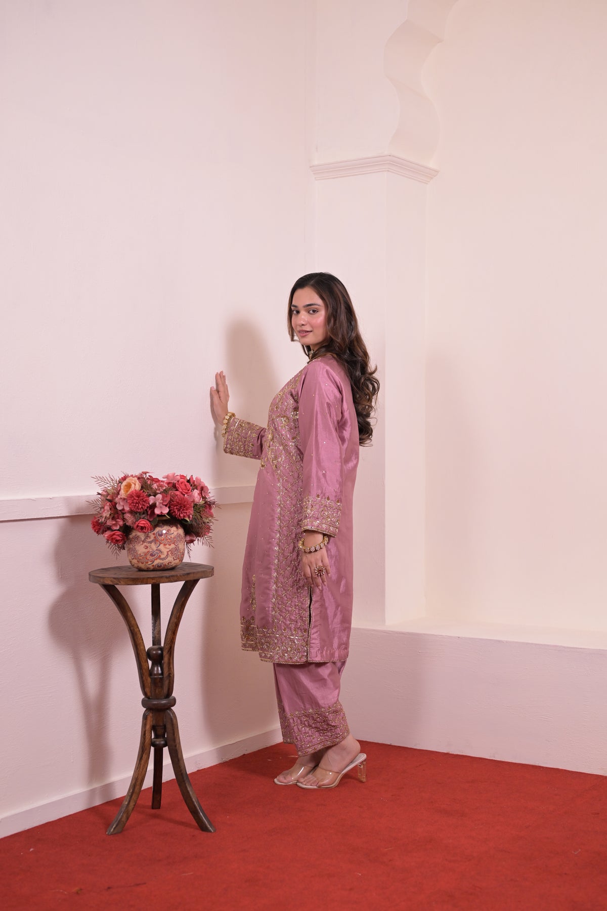 Mauve Rose Hand-Embroidered Pure Silk Suit Set