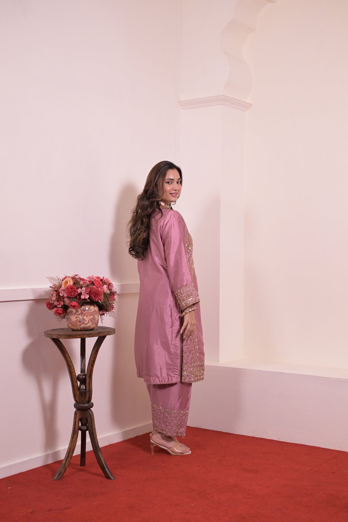 Mauve Rose Hand-Embroidered Pure Silk Suit Set