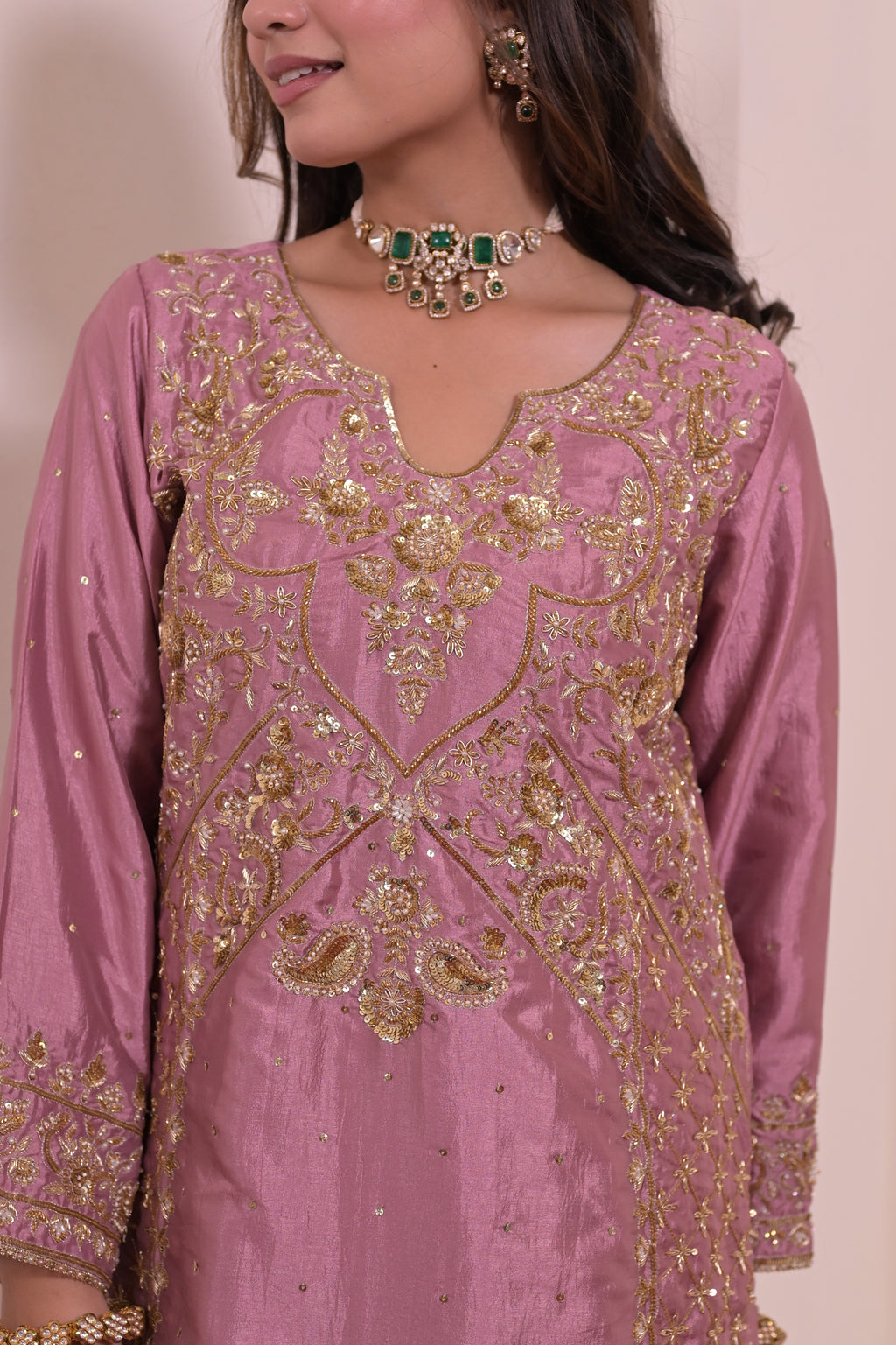 Mauve Rose Hand-Embroidered Pure Silk Suit Set
