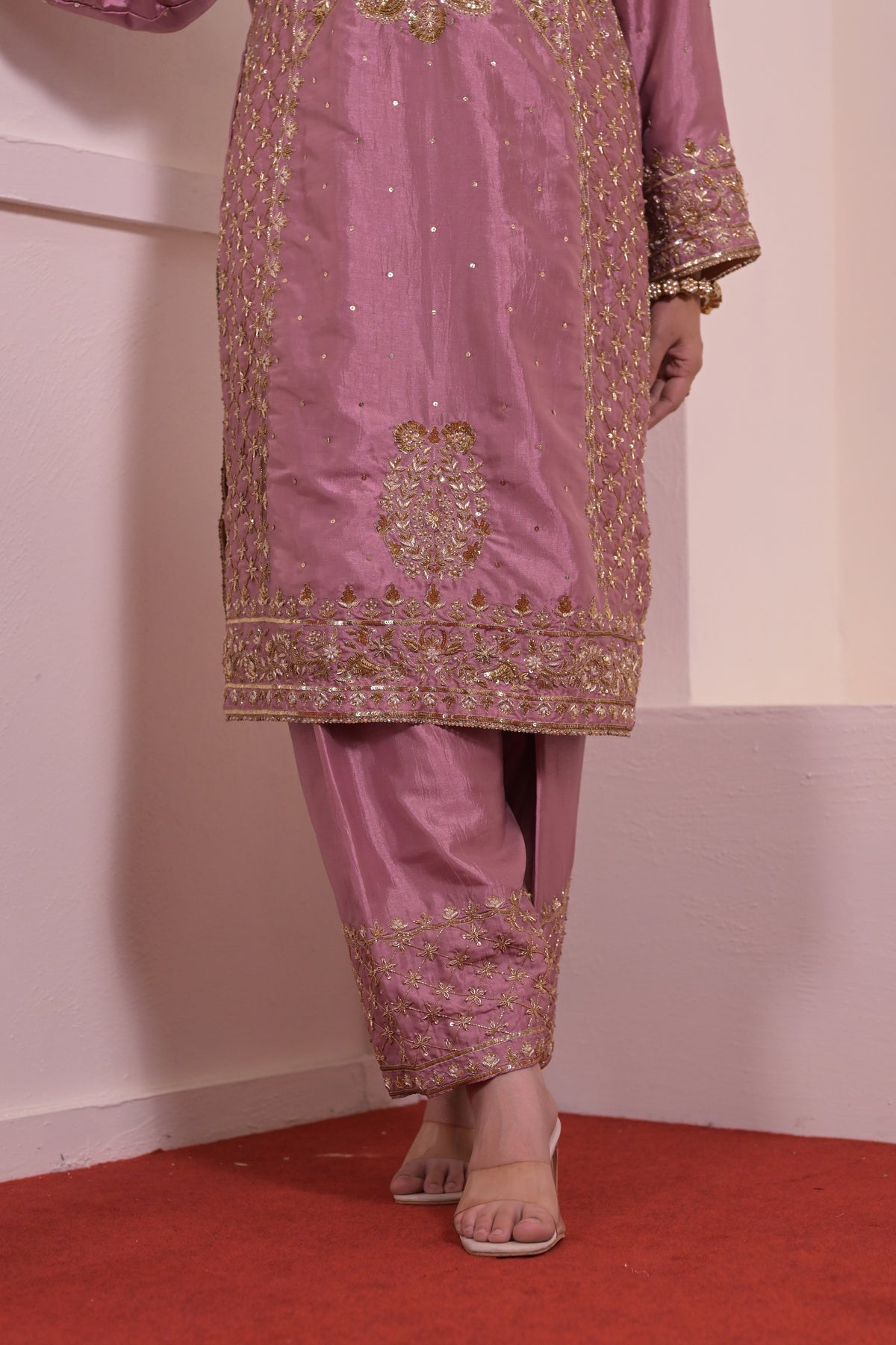 Mauve Rose Hand-Embroidered Pure Silk Suit Set