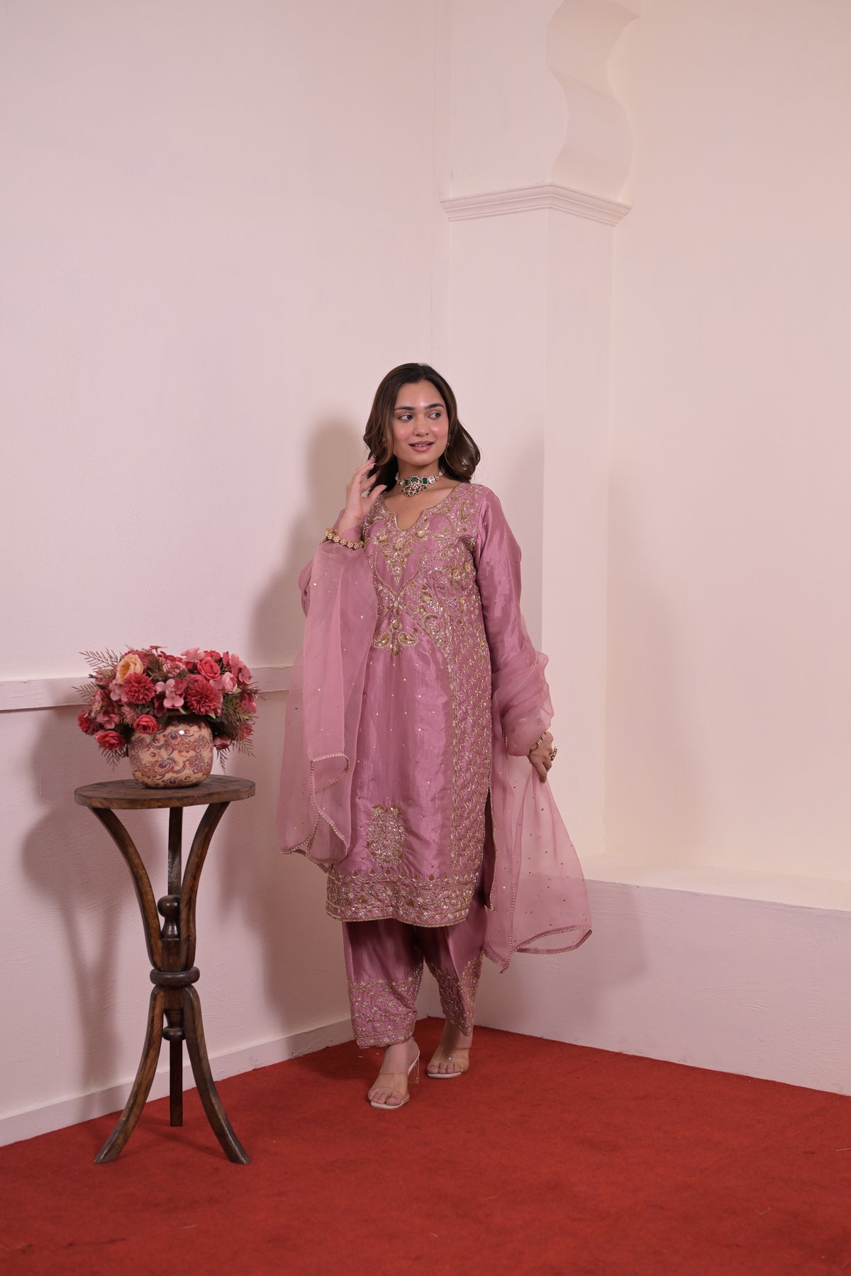 Mauve Rose Hand-Embroidered Pure Silk Suit Set