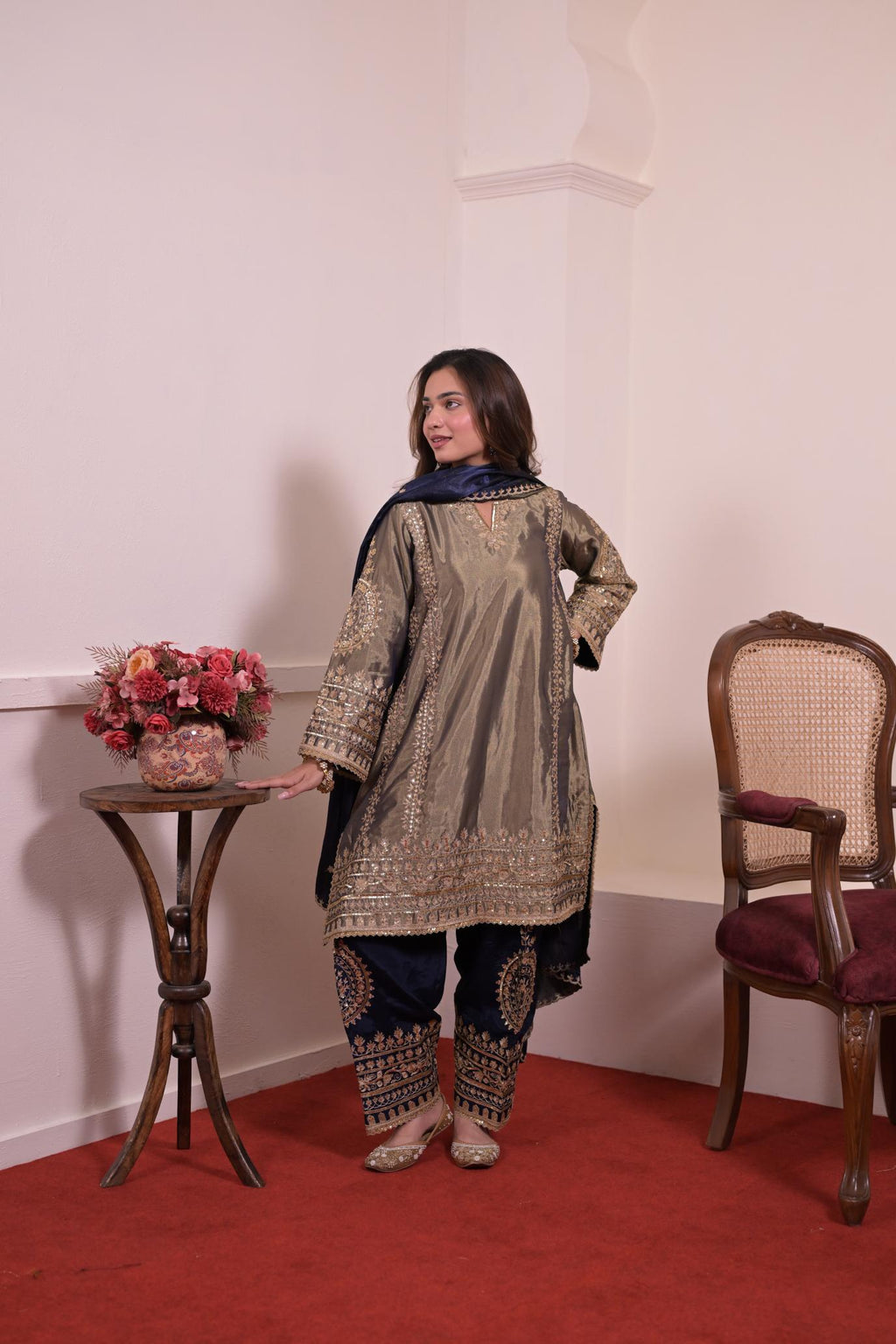 Regal Olive Tissue Silk Embroidered Suit Set