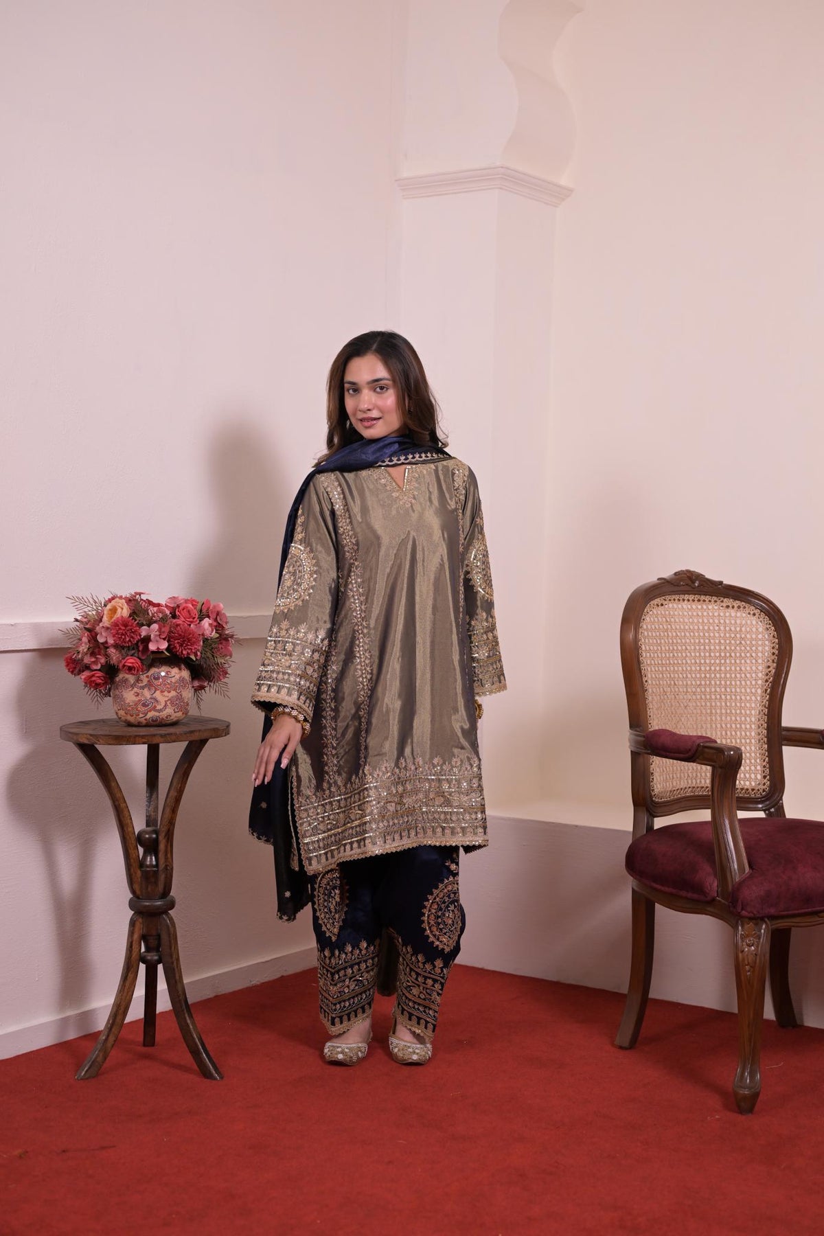 Regal Olive Tissue Silk Embroidered Suit Set