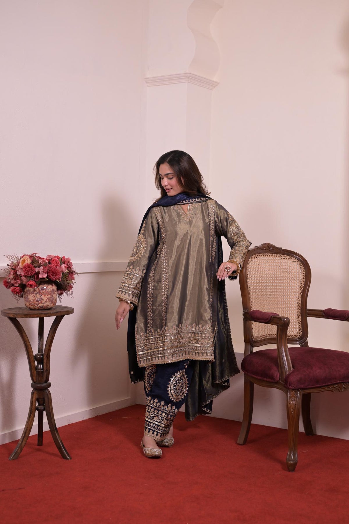 Regal Olive Tissue Silk Embroidered Suit Set