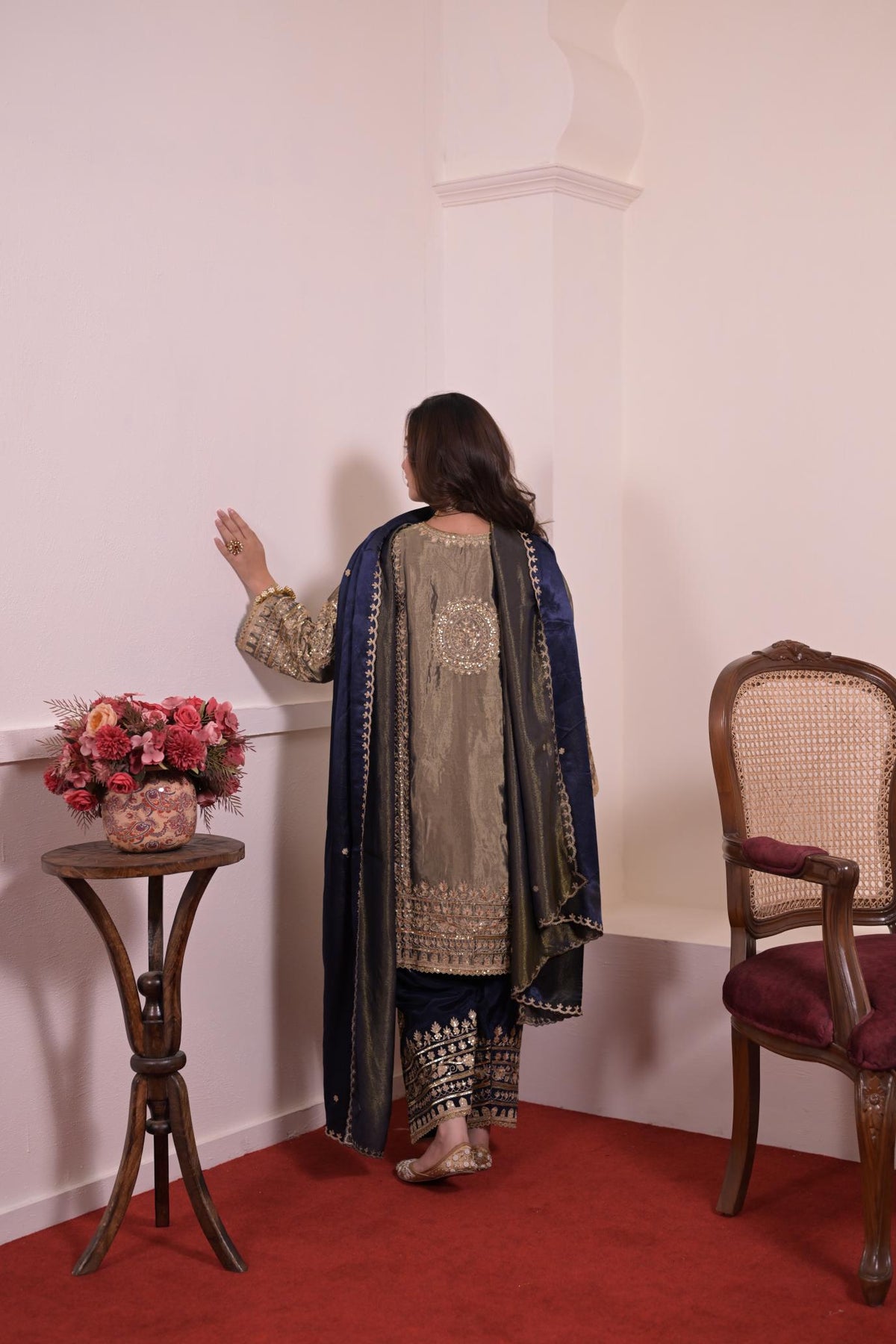 Regal Olive Tissue Silk Embroidered Suit Set