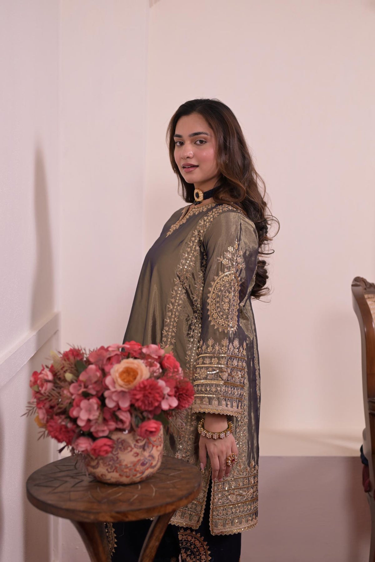 Regal Olive Tissue Silk Embroidered Suit Set