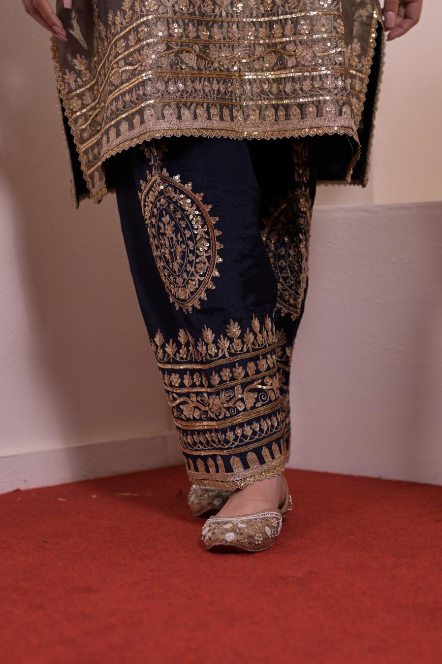 Regal Olive Tissue Silk Embroidered Suit Set
