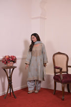 Ethereal Powder Grey Zari Embroidered Silk Suit