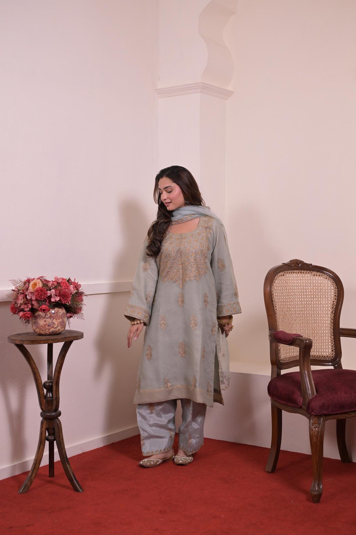 Ethereal Powder Grey Zari Embroidered Silk Suit