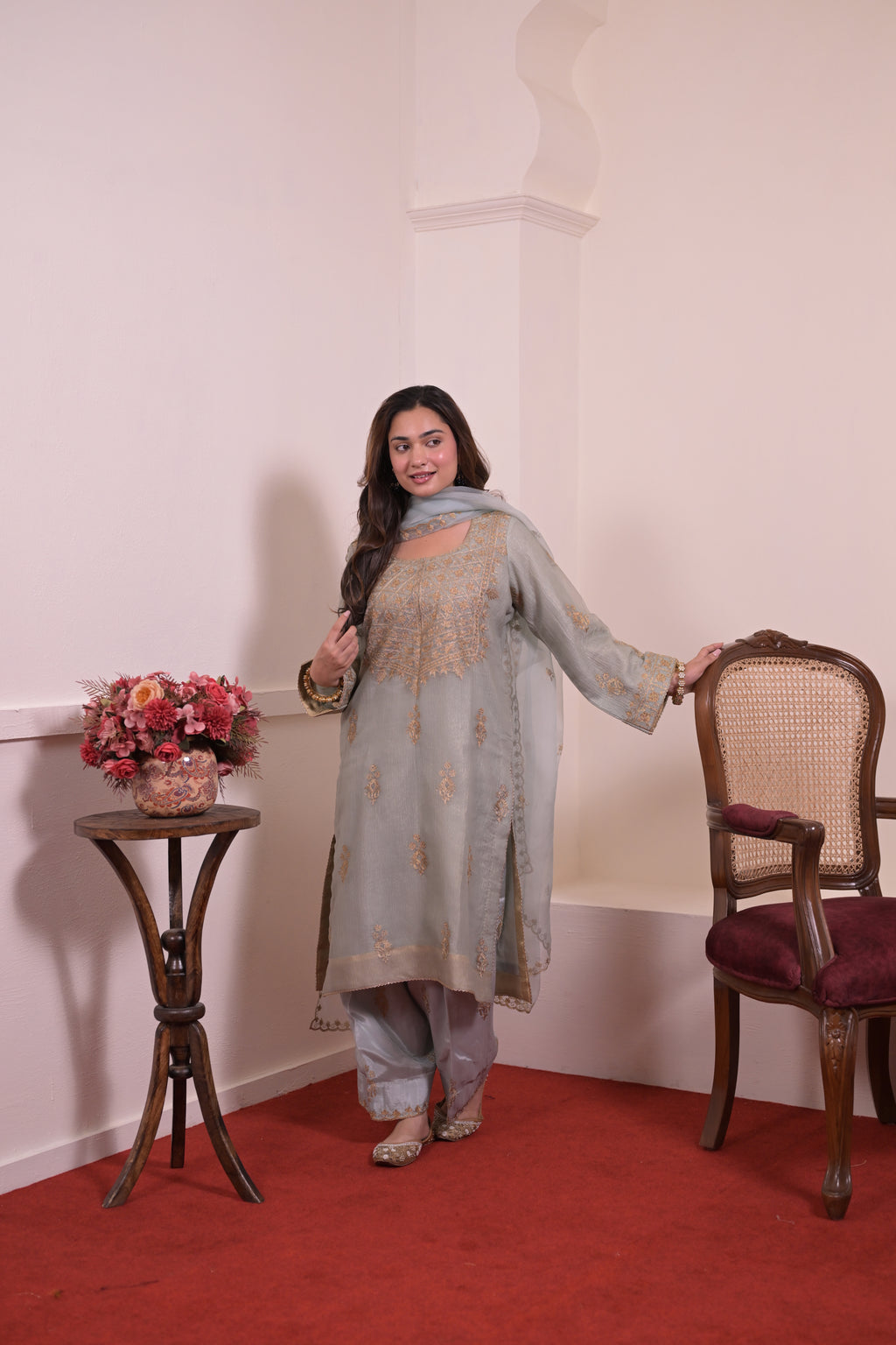 Ethereal Powder Grey Zari Embroidered Silk Suit