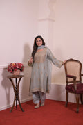 Ethereal Powder Grey Zari Embroidered Silk Suit