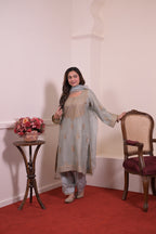 Ethereal Powder Grey Zari Embroidered Silk Suit