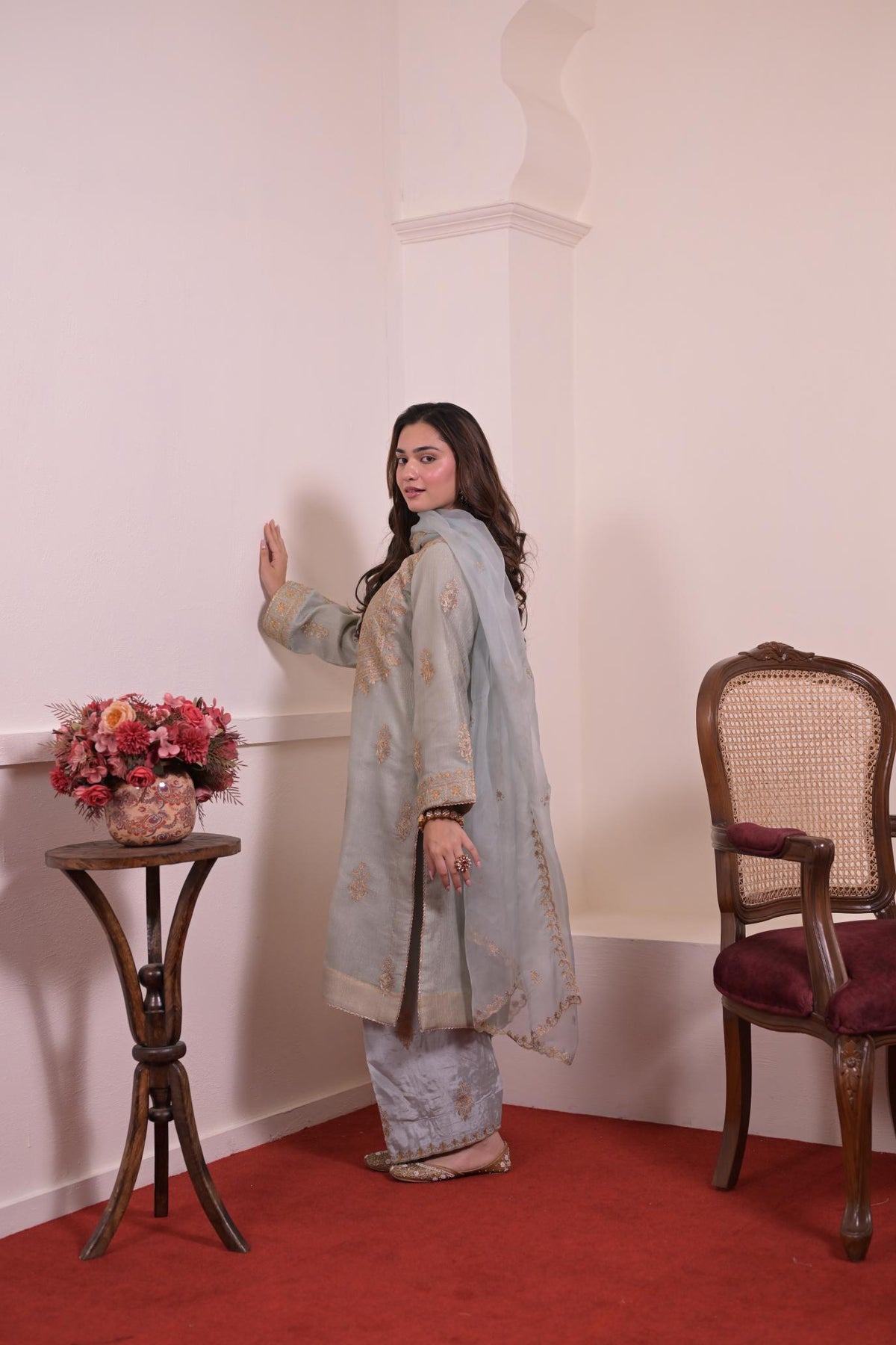 Ethereal Powder Grey Zari Embroidered Silk Suit