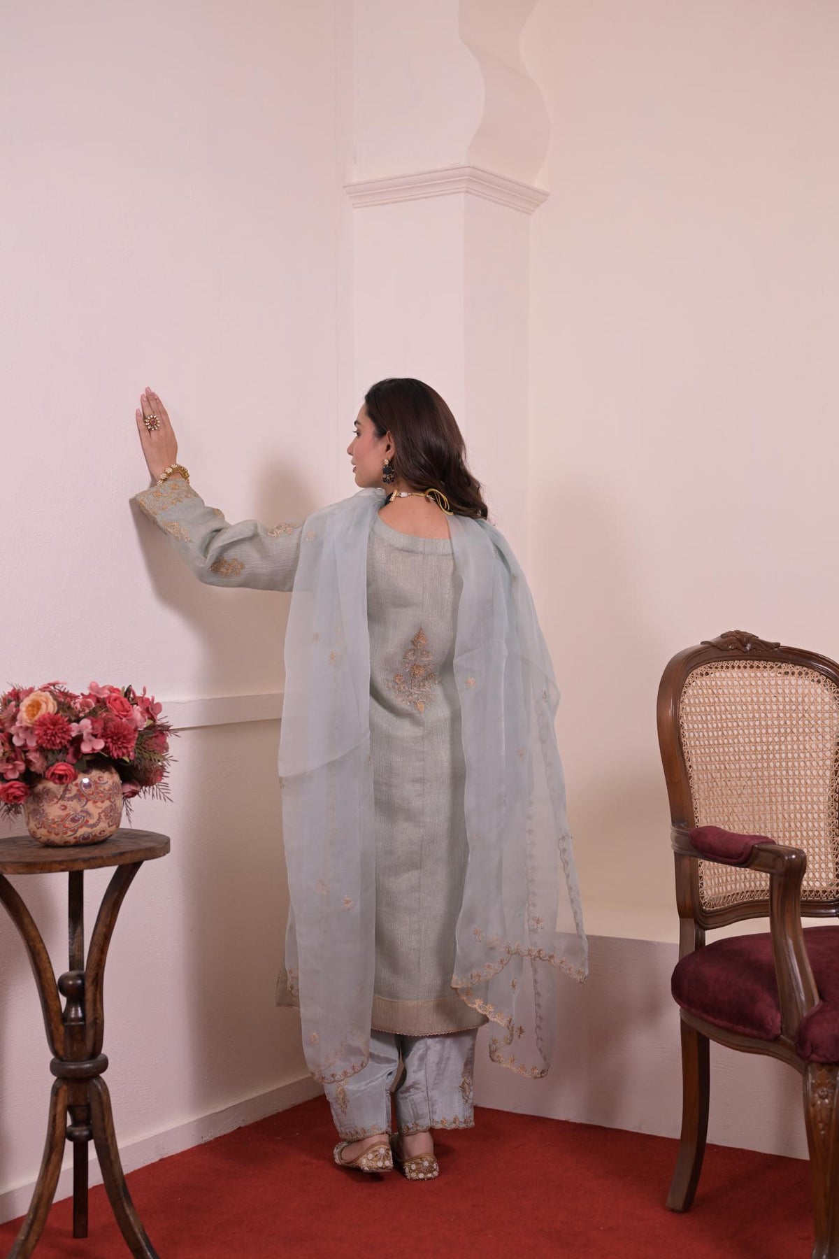 Ethereal Powder Grey Zari Embroidered Silk Suit