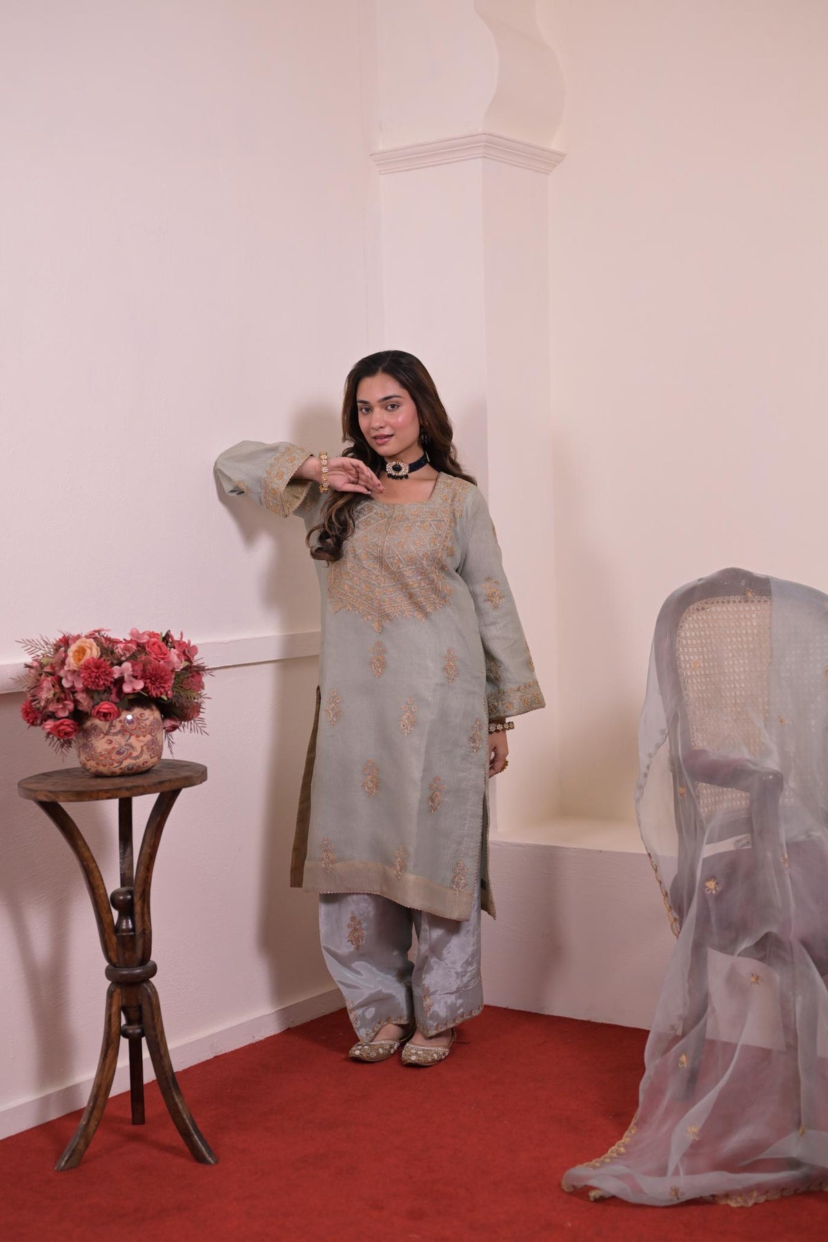 Ethereal Powder Grey Zari Embroidered Silk Suit
