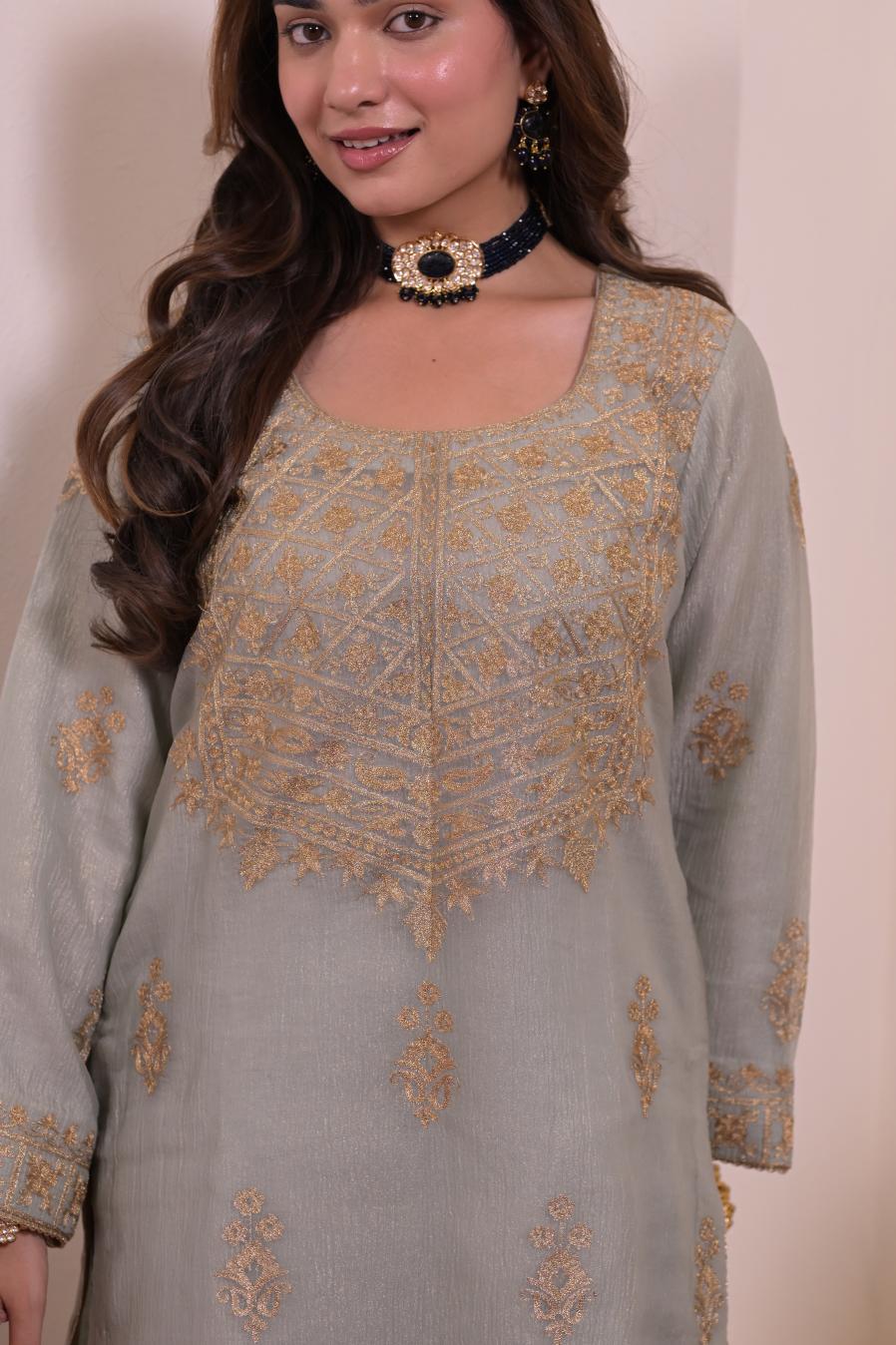 Ethereal Powder Grey Zari Embroidered Silk Suit