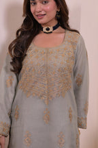 Ethereal Powder Grey Zari Embroidered Silk Suit
