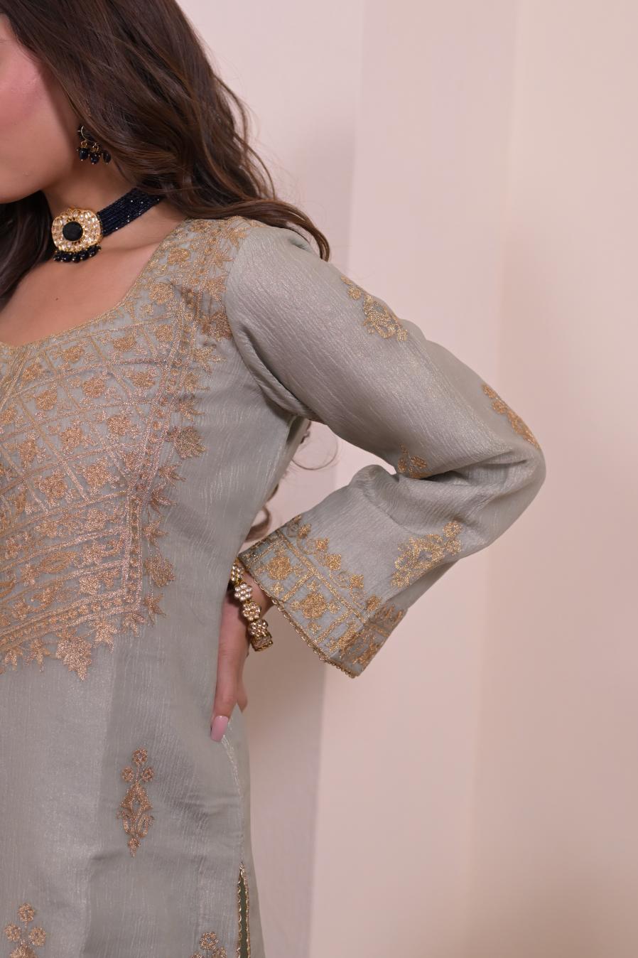 Ethereal Powder Grey Zari Embroidered Silk Suit
