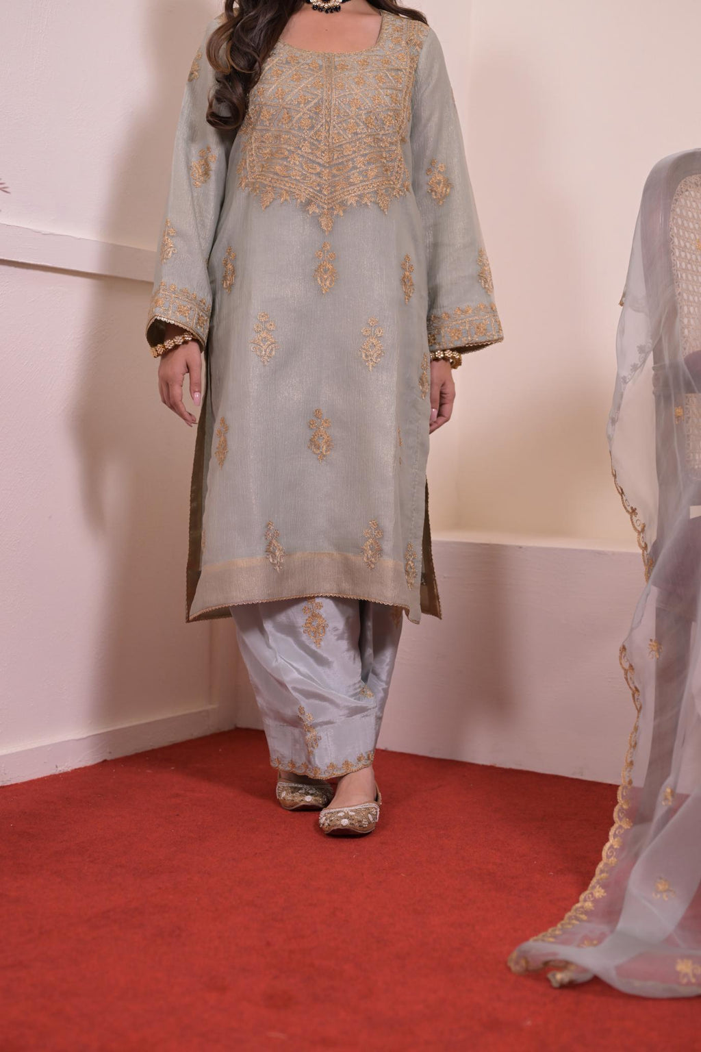 Ethereal Powder Grey Zari Embroidered Silk Suit